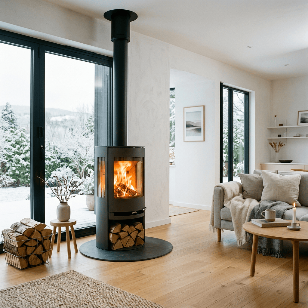Poêle à bois avec flambée de bûches dans un salon chaleureux